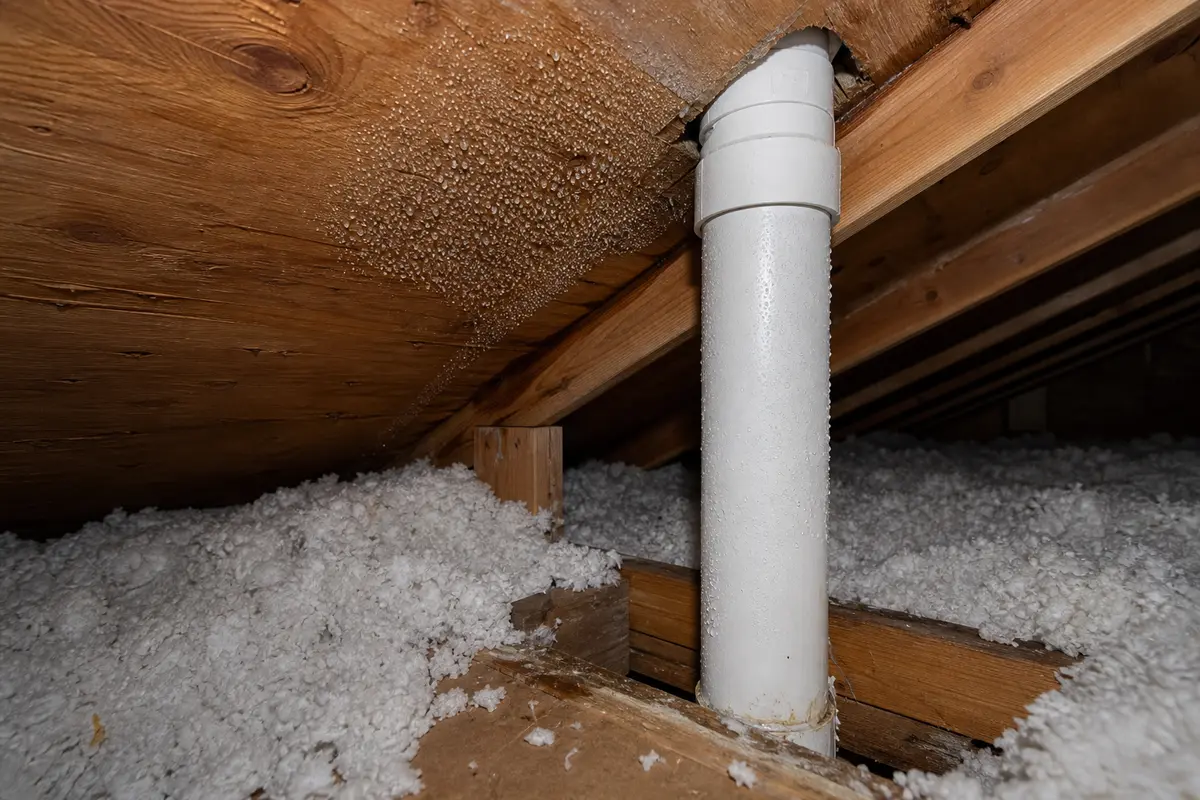 Condensation near a plumbing vent stack in a cold attic