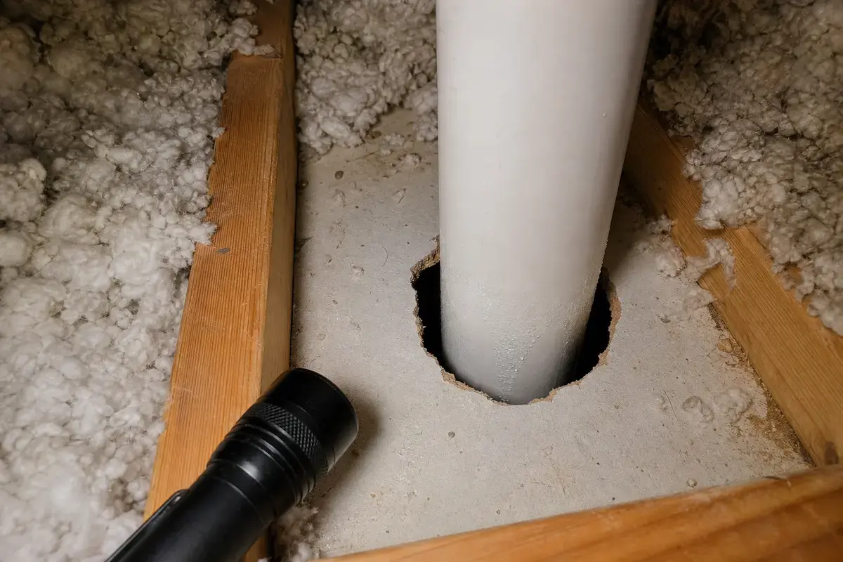 Open attic floor air gap that can leak warm moist air to the roof deck