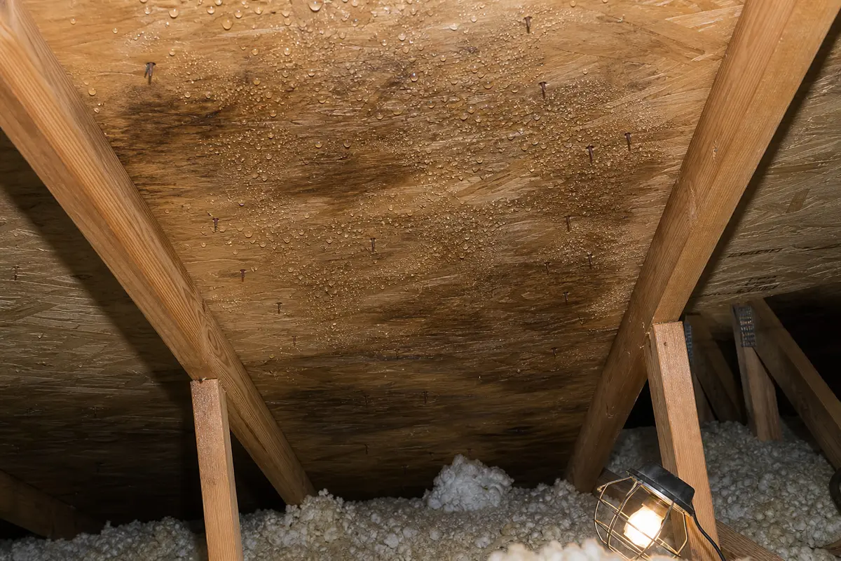 Water beads on attic roof deck sheathing between rafters