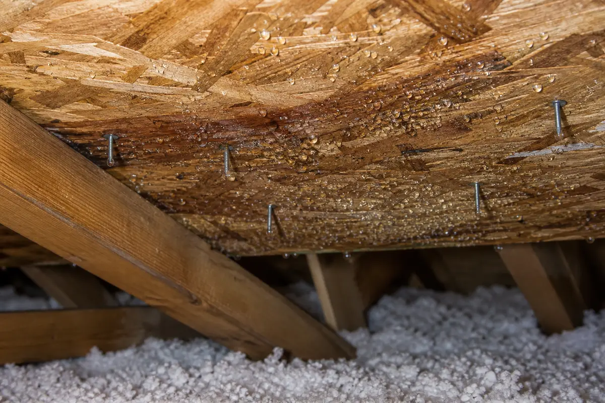 Condensation beads on attic roof deck above insulation