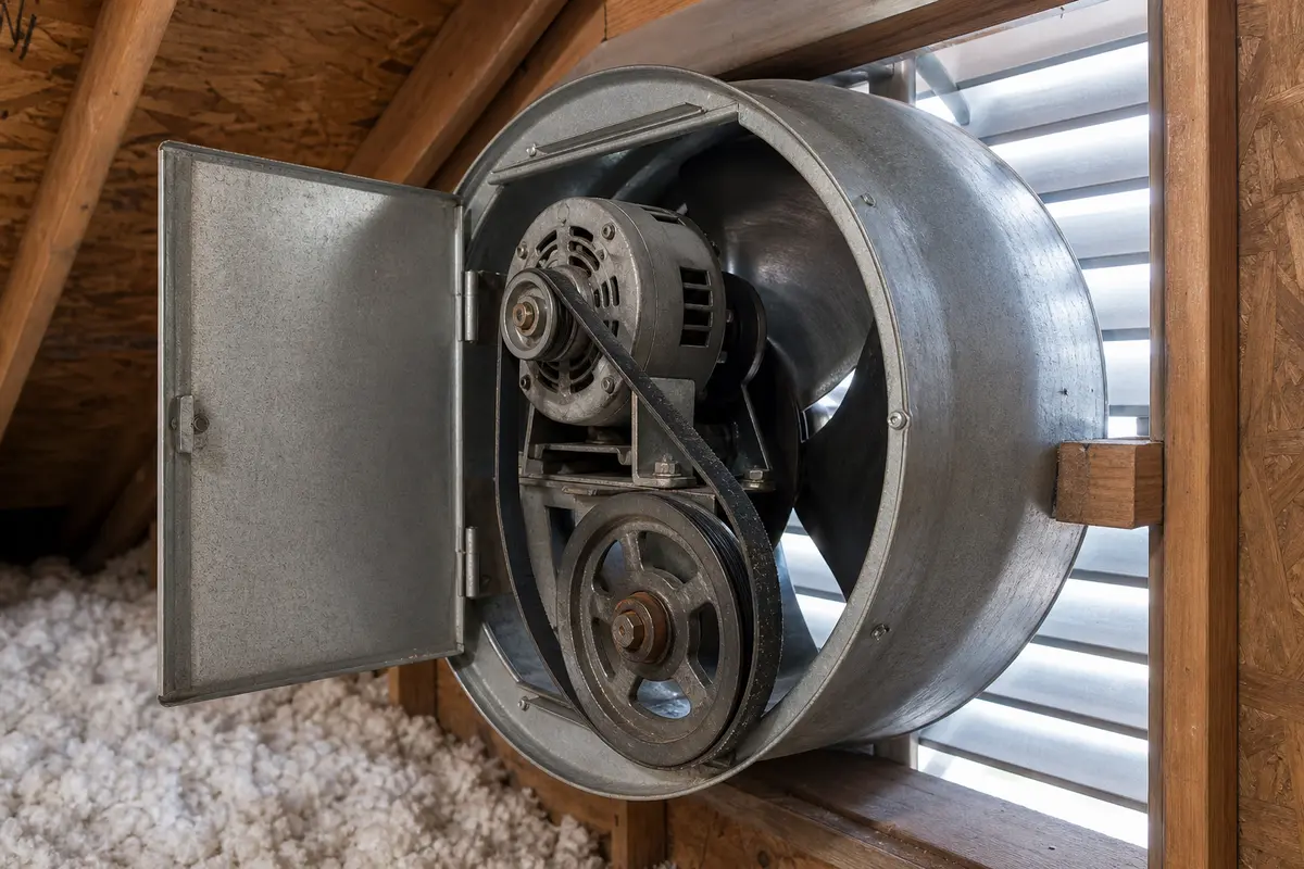 Belt driven attic fan with worn belt and pulley area visible