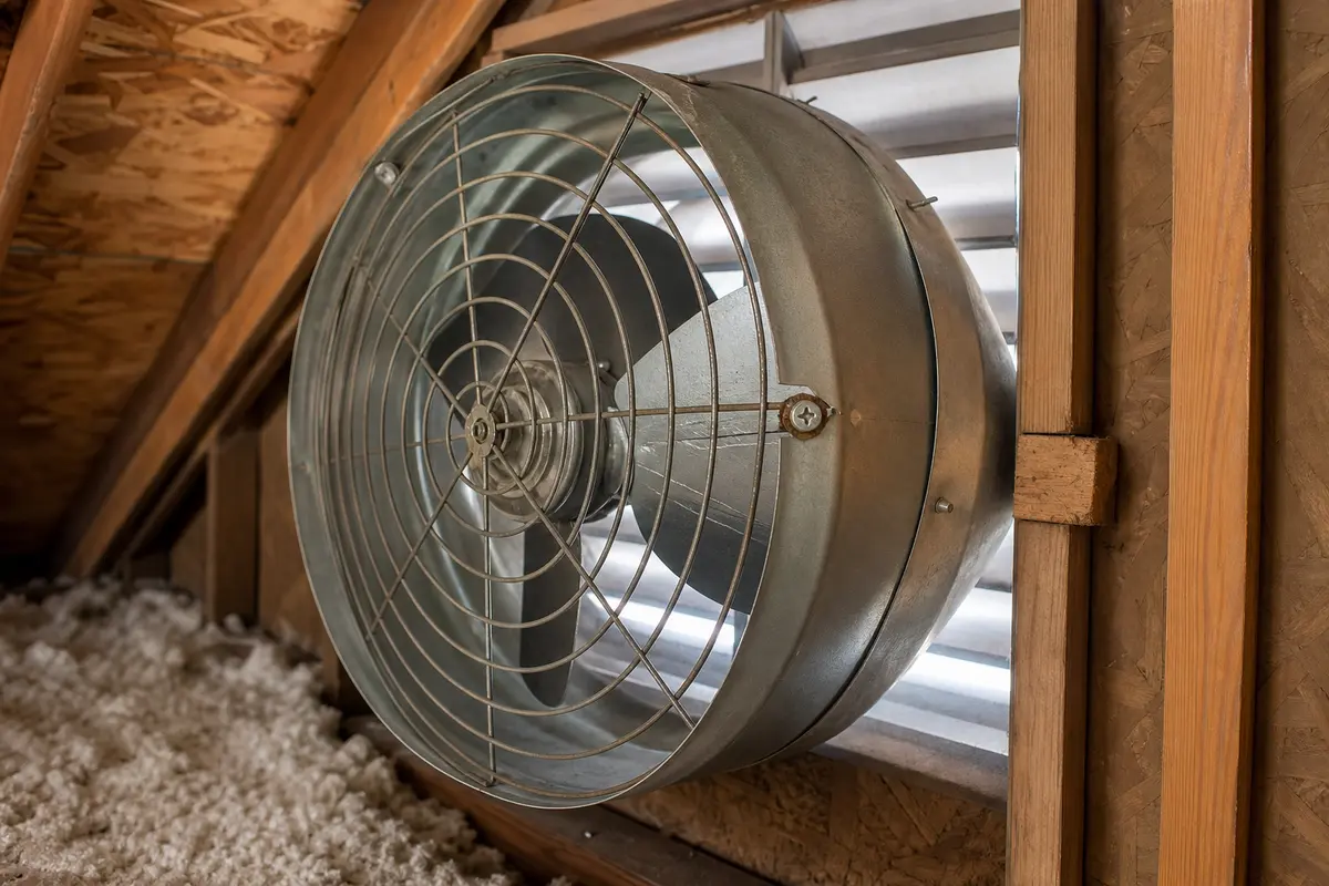 Powered attic fan with blade and loose guard checked for scraping noise