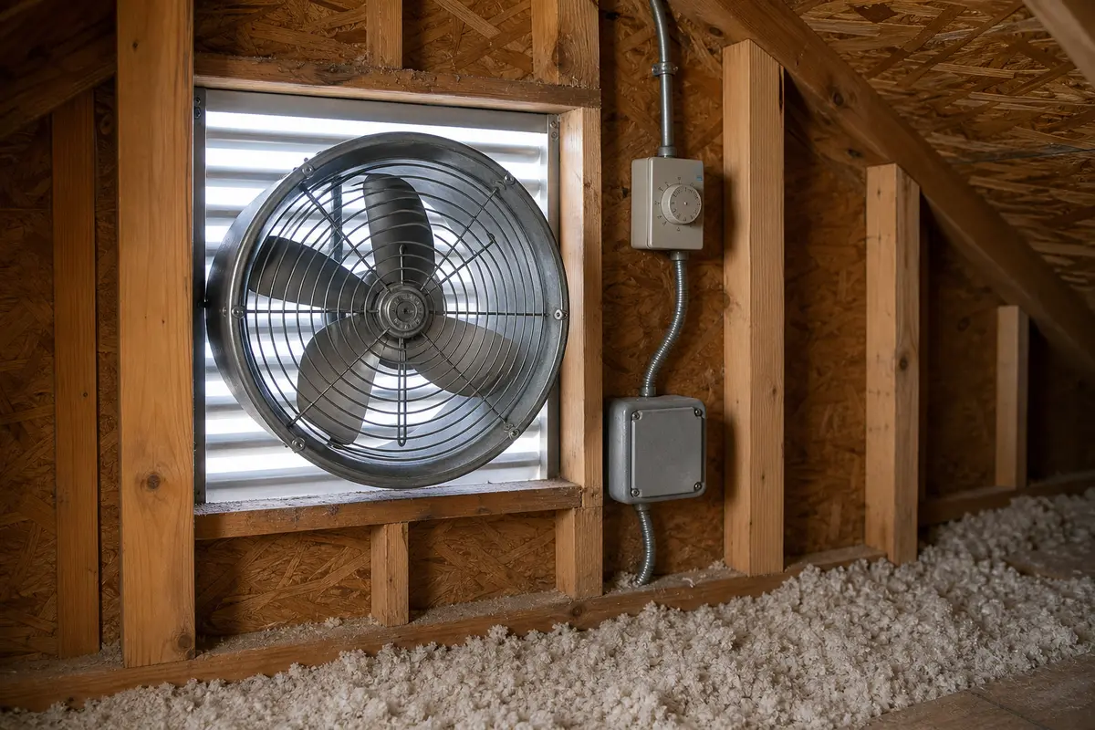 Powered attic fan with nearby thermostat humidistat control in an attic