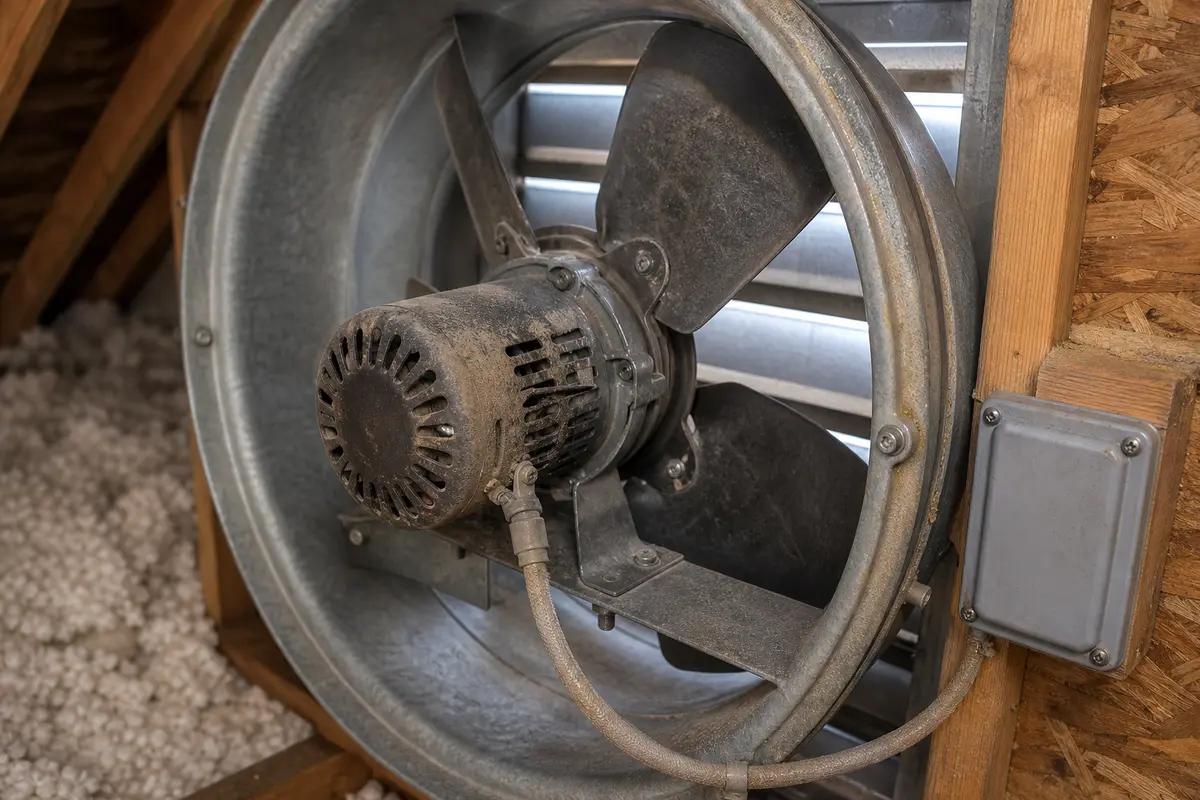 Powered attic fan motor checked for failure clues with wiring covers closed