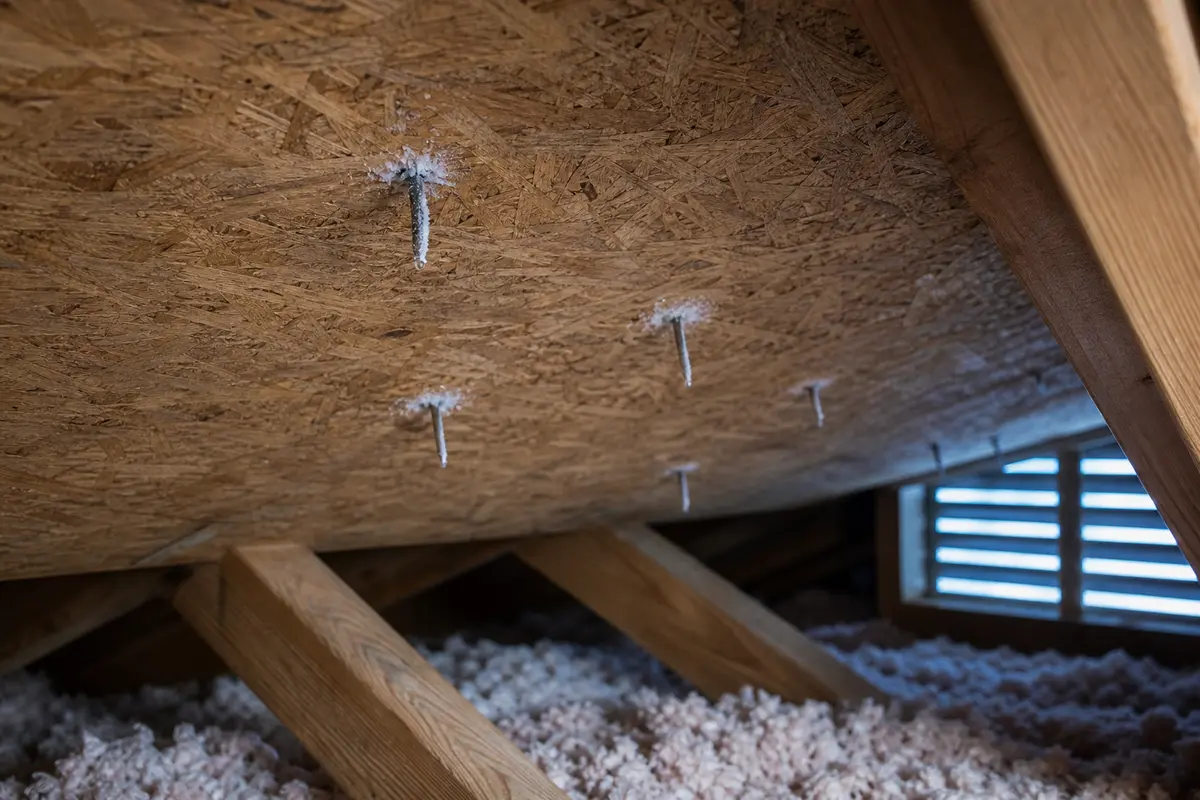Close view of attic nail tips frosting on cold roof sheathing