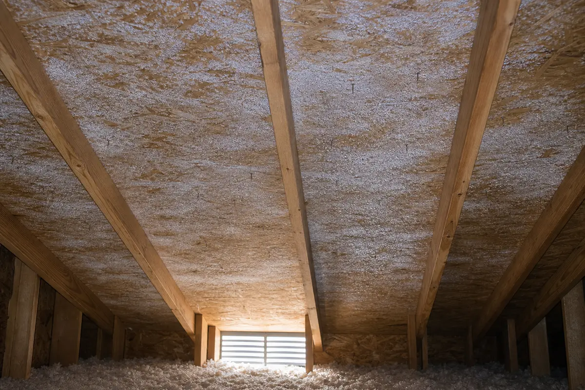 Attic roof sheathing with broad frost between rafters