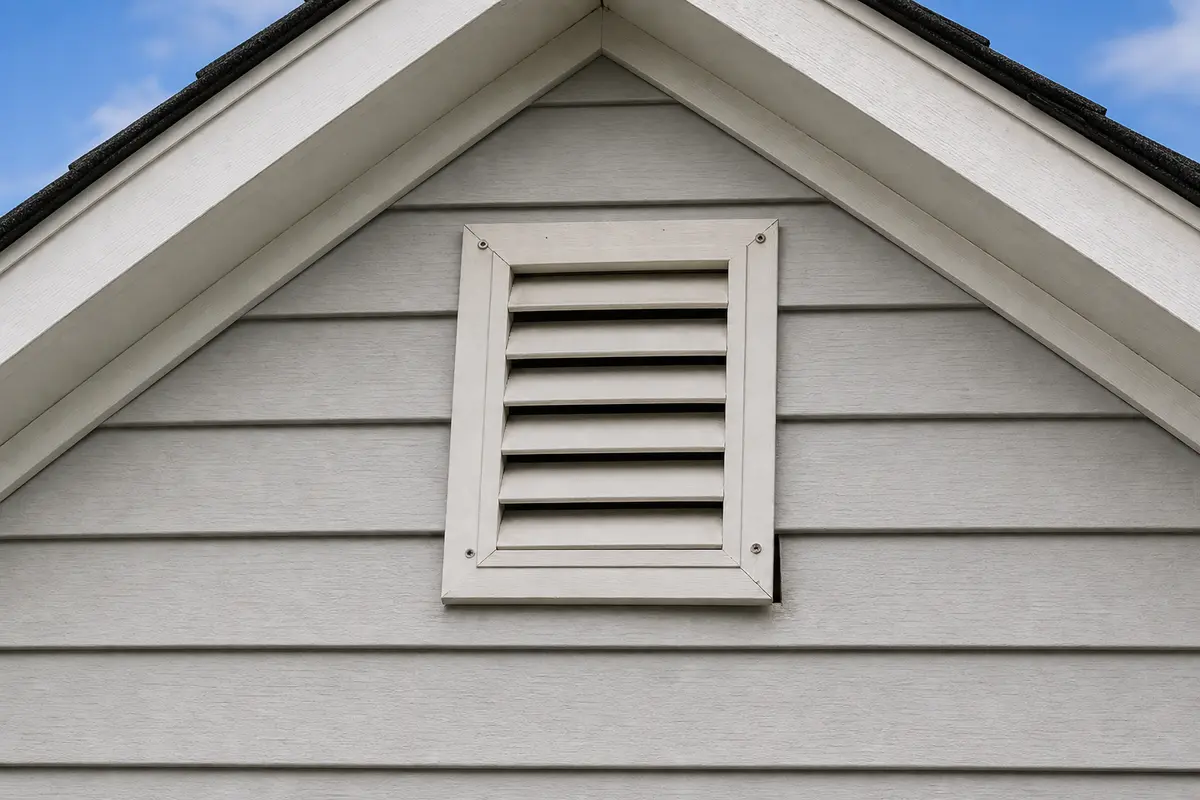 Exterior gable attic vent with a visible loose corner and gap at the frame
