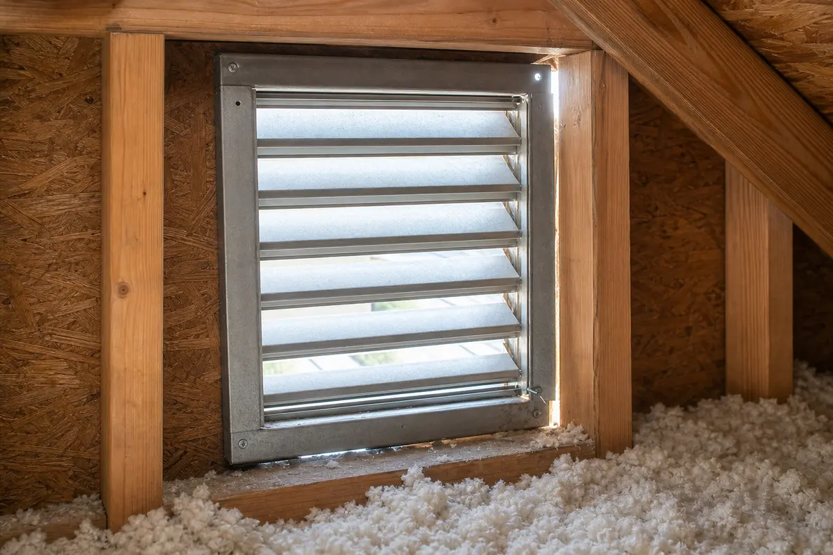 Interior attic view of a gable vent frame gap above blown insulation
