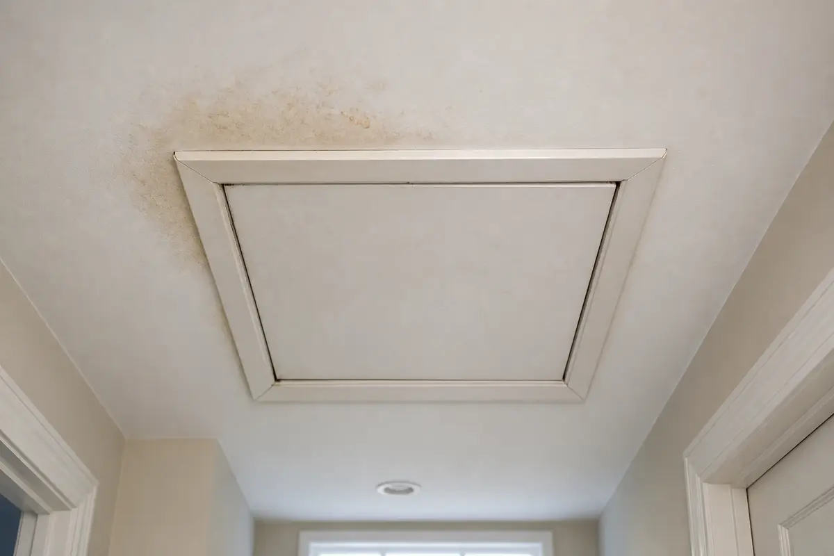 Ceiling around attic hatch with condensation staining near the access panel