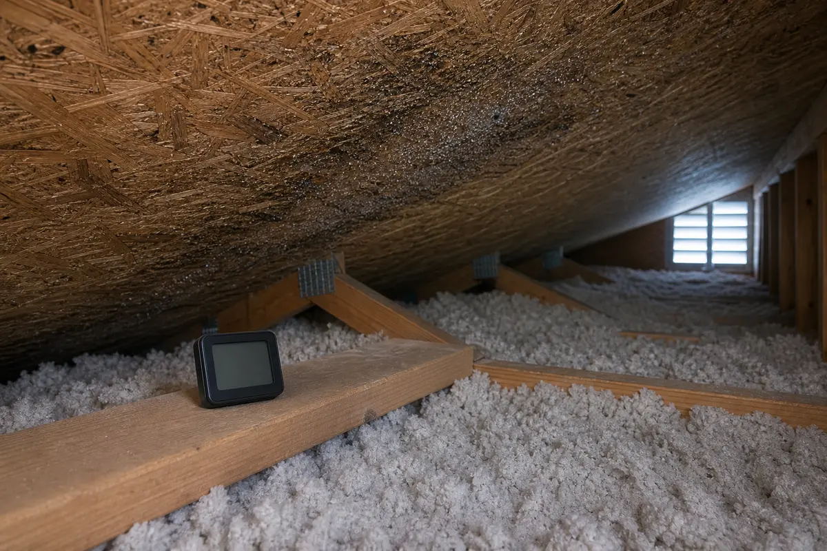 Hygrometer in an attic near damp-looking roof sheathing