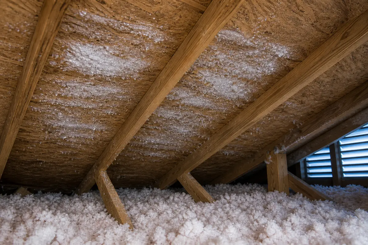 Ice and frost on attic roof deck sheathing between rafters