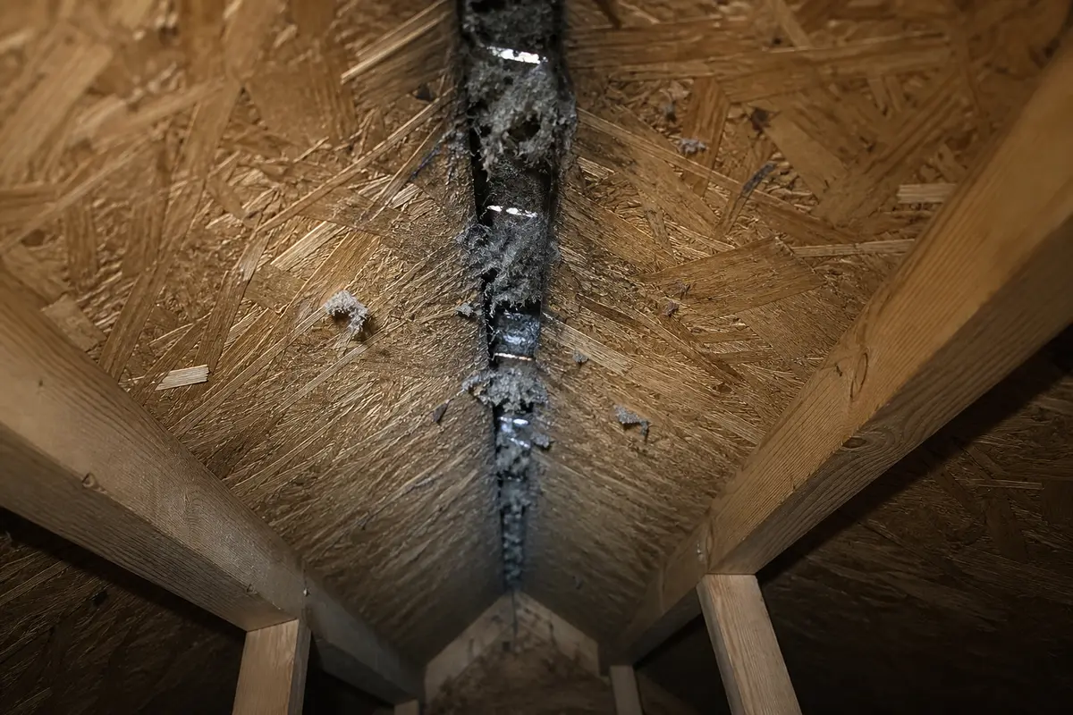 Blocked attic ridge vent slot with debris visible from inside the attic