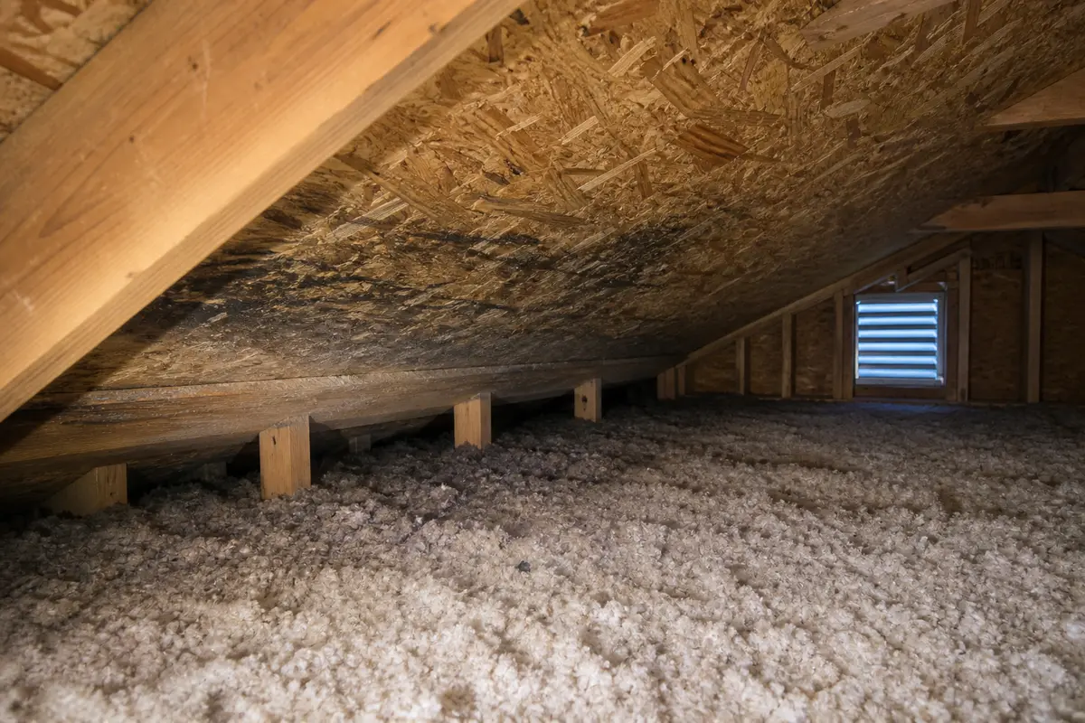 Musty attic area with damp insulation and stained roof sheathing