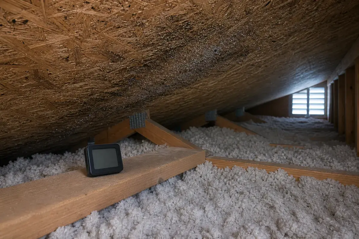 Attic humidity clue near damp-looking roof sheathing