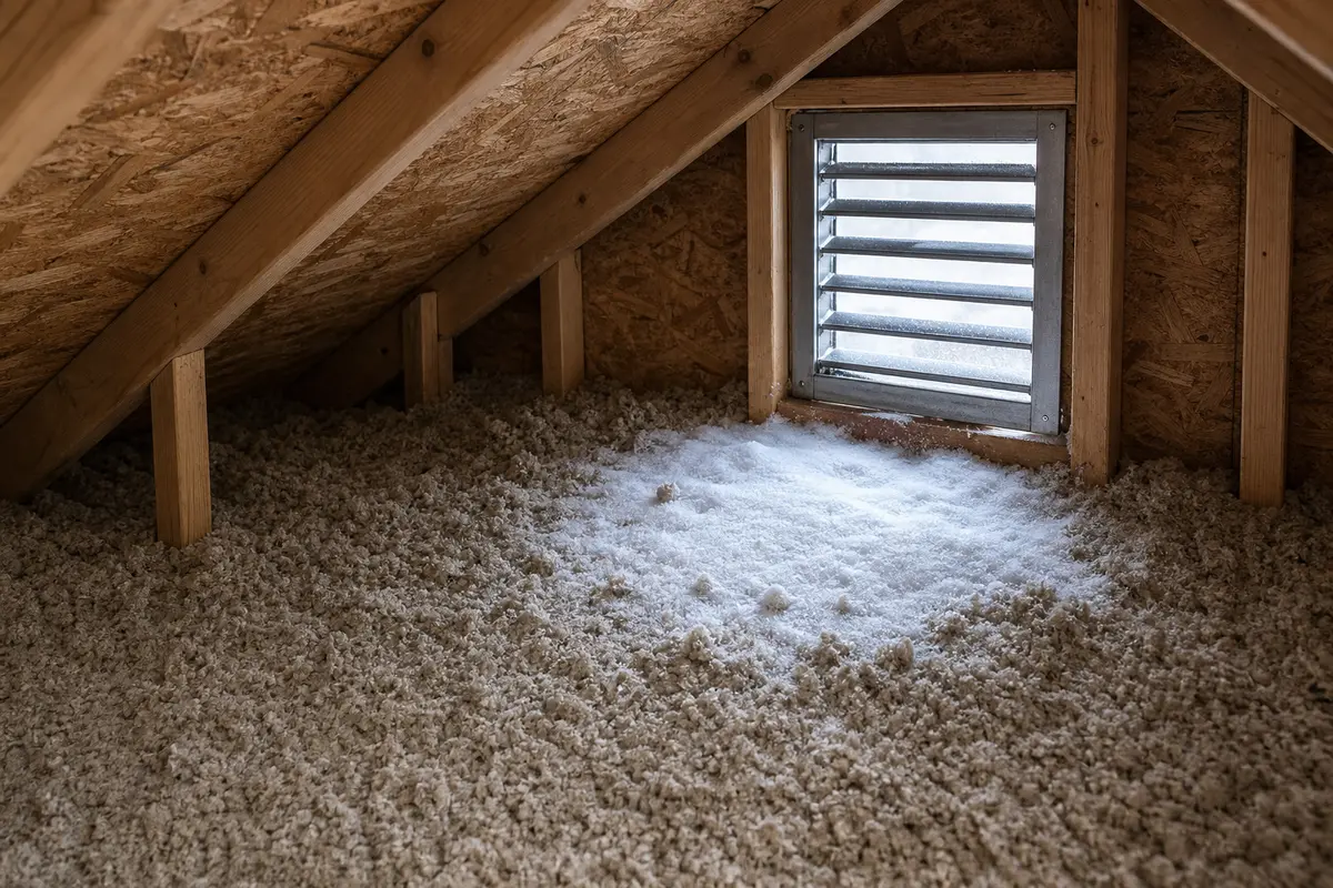 Light snow dusting on attic insulation below a louvered vent