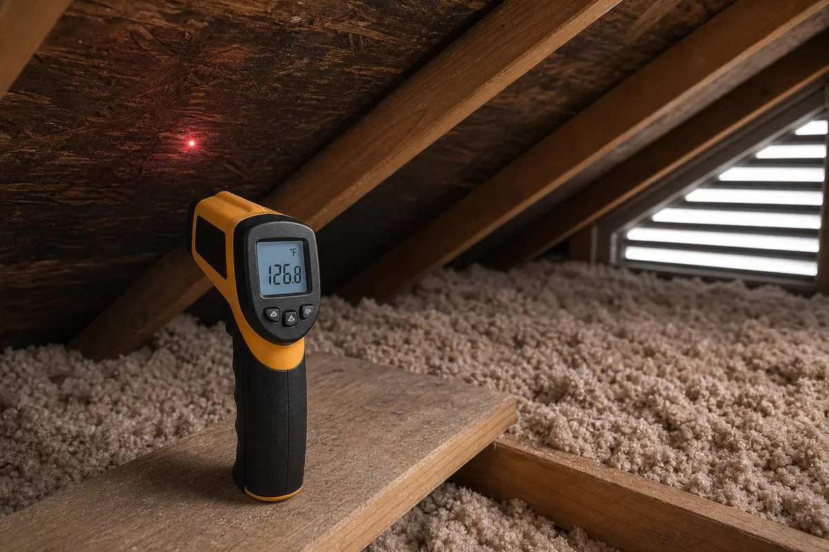 Infrared thermometer checking a hot attic roof deck near insulation