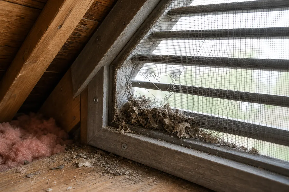 Torn attic vent screen after inactive insect nest removal
