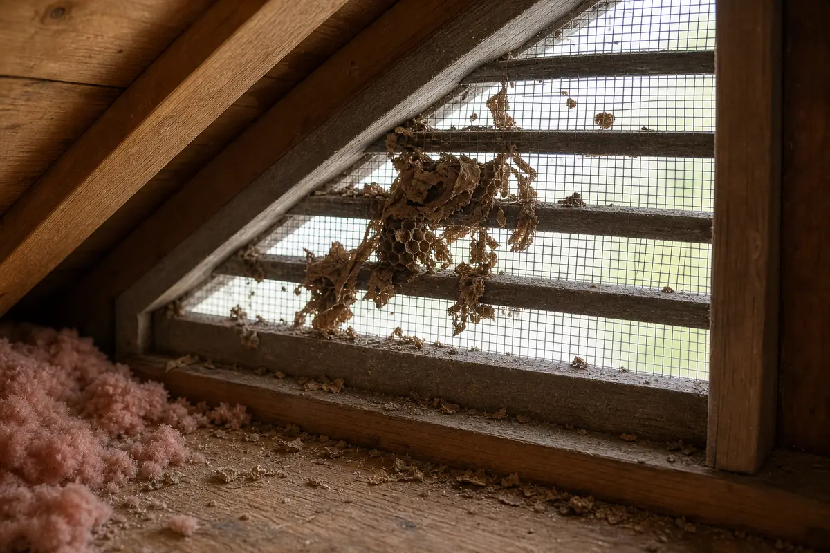 Inactive nest debris clogging an attic vent screen