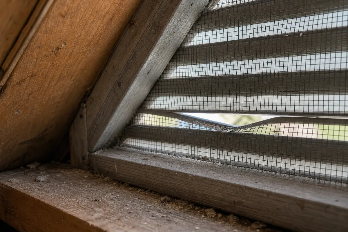 Bent attic vent screen creating a narrowed wind path