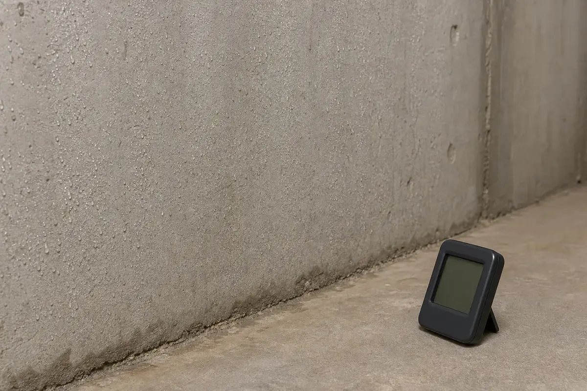 Cold basement wall with even condensation beads and a hygrometer nearby
