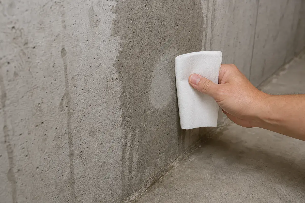 Paper towel wipe test on a damp cold basement wall