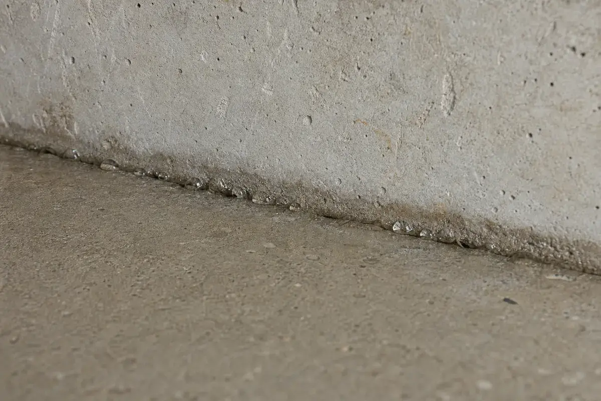 Close view of beads of water at a basement cove joint