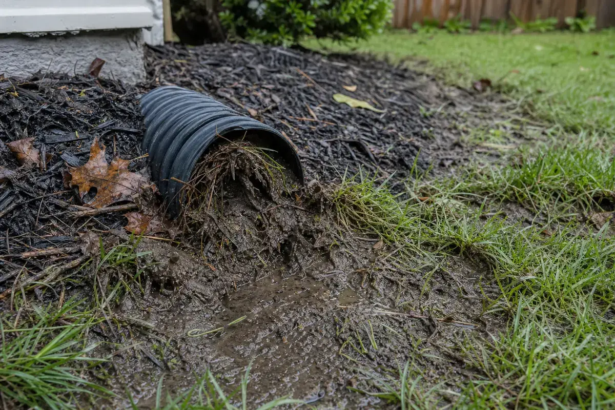 Downspout discharge near the foundation linked to a basement cove joint leak
