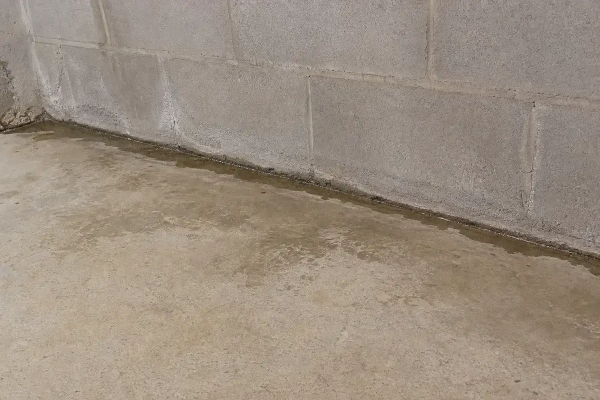 Water line at the basement wall-floor cove joint after rain