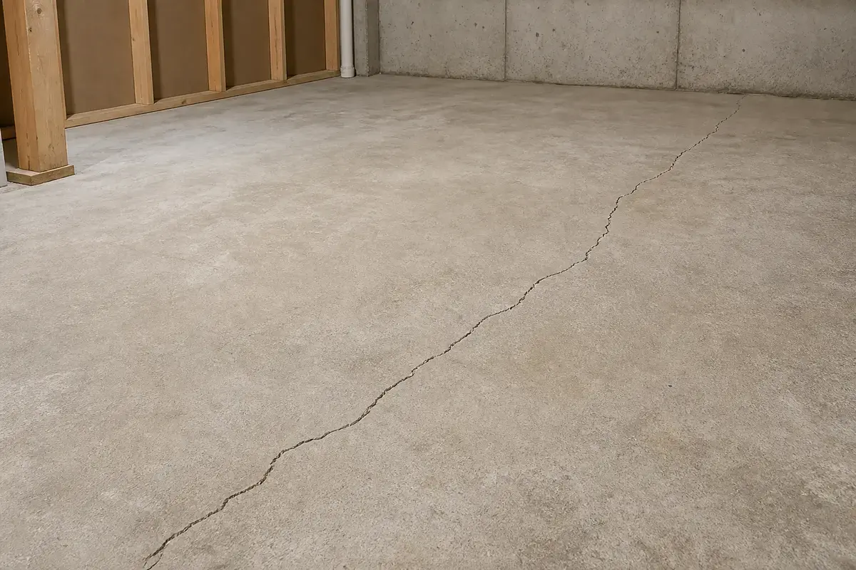 Narrow crack running across a basement concrete floor