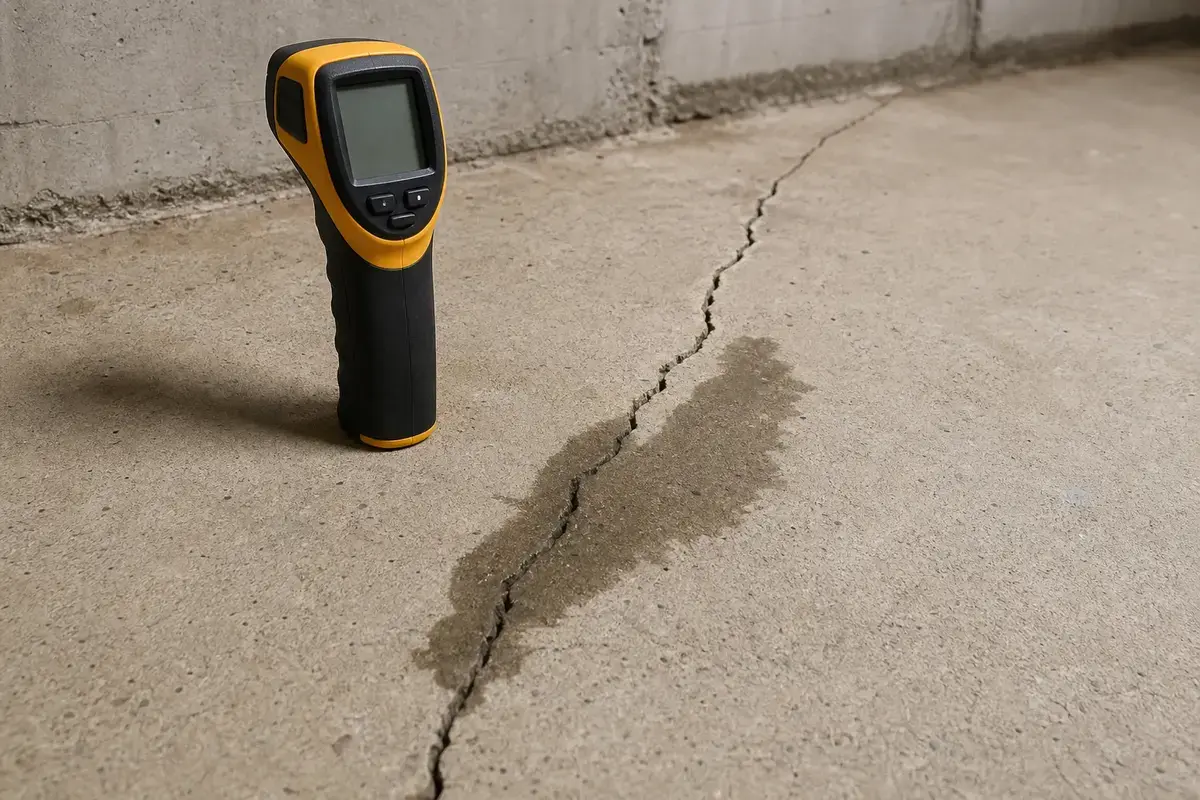 Moisture check near a basement floor crack after rain