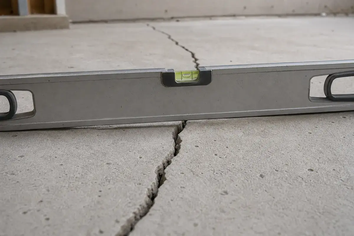 Straightedge showing offset across a basement floor crack