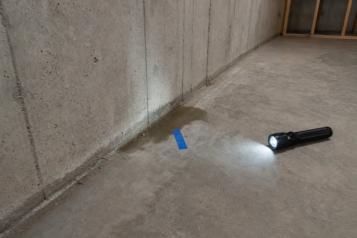 Small basement floor puddle starting at the wall-floor cove joint