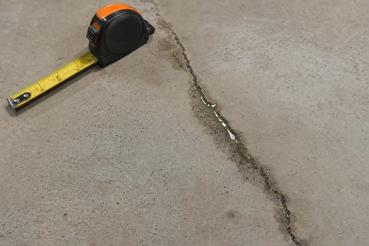 Water glistening along a narrow basement floor crack with a tape measure nearby