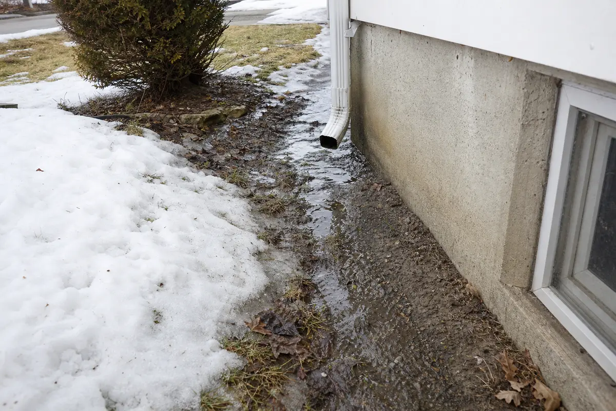 Melting snow and downspout runoff beside a basement foundation