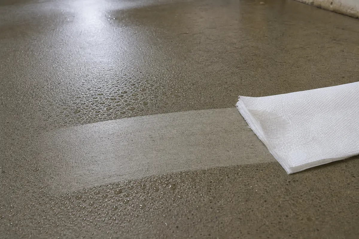 Paper towel wipe test on a slick basement floor condensation film