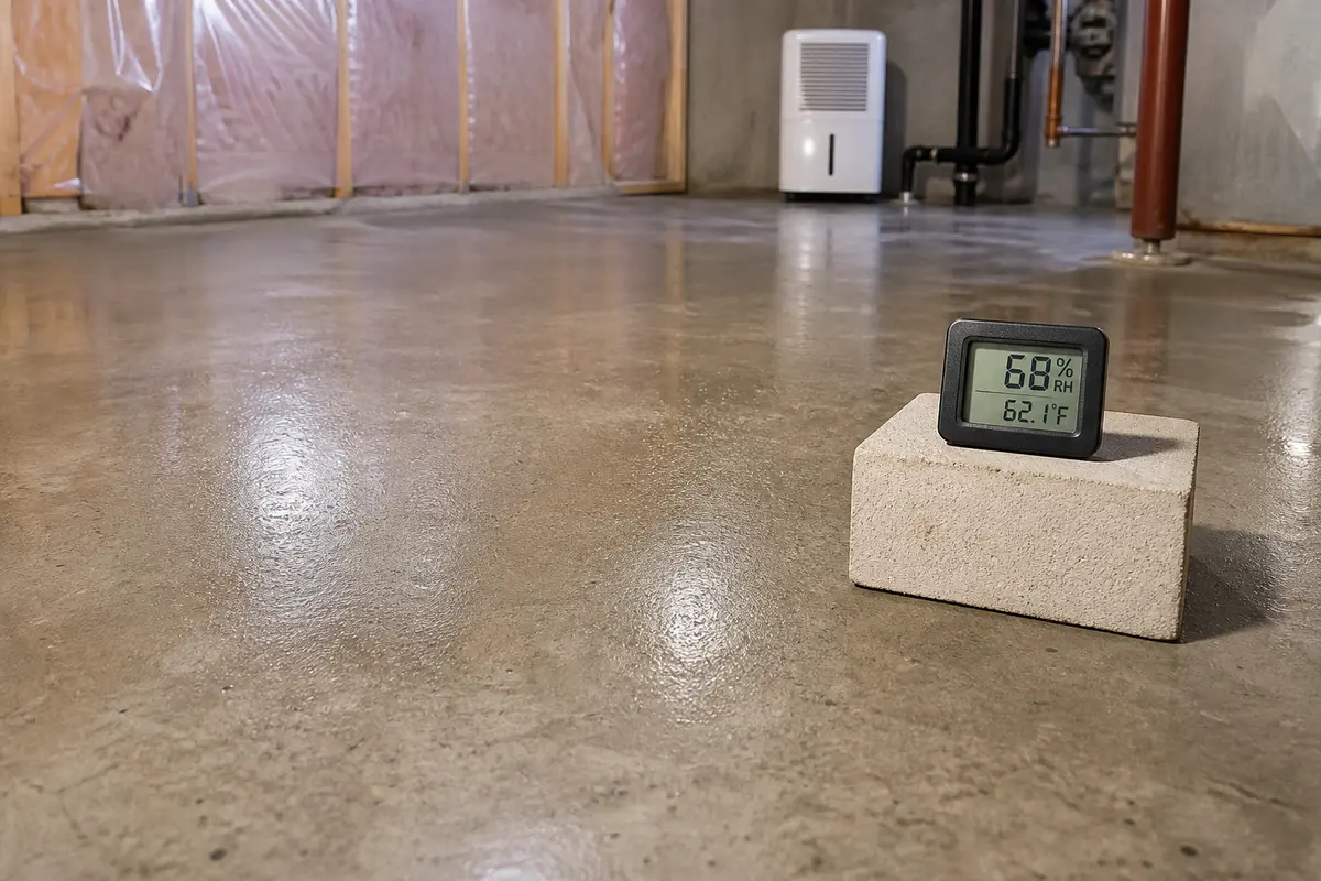 Broad slick condensation film on a cool basement concrete floor