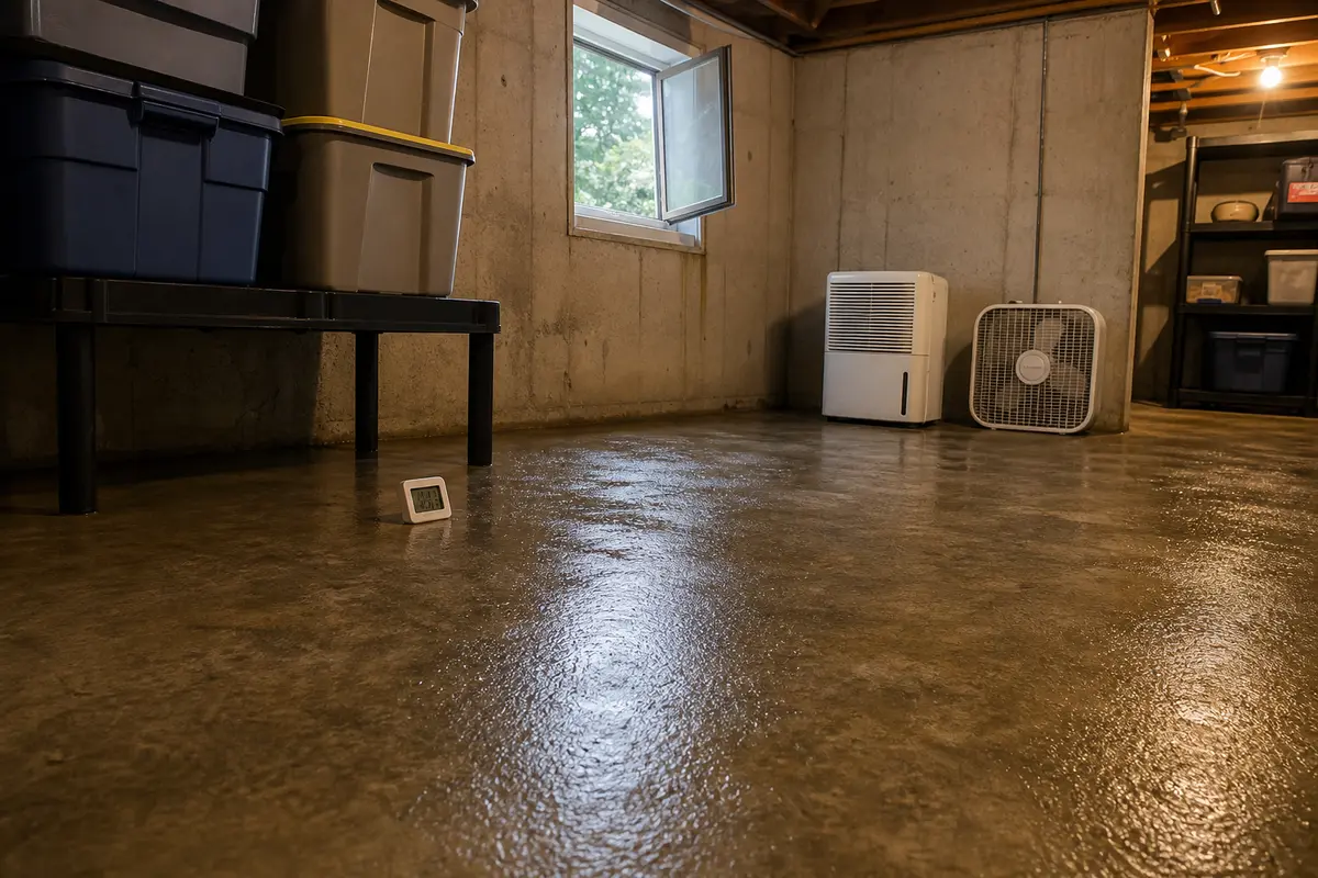 Broad sweating condensation film across a basement concrete floor