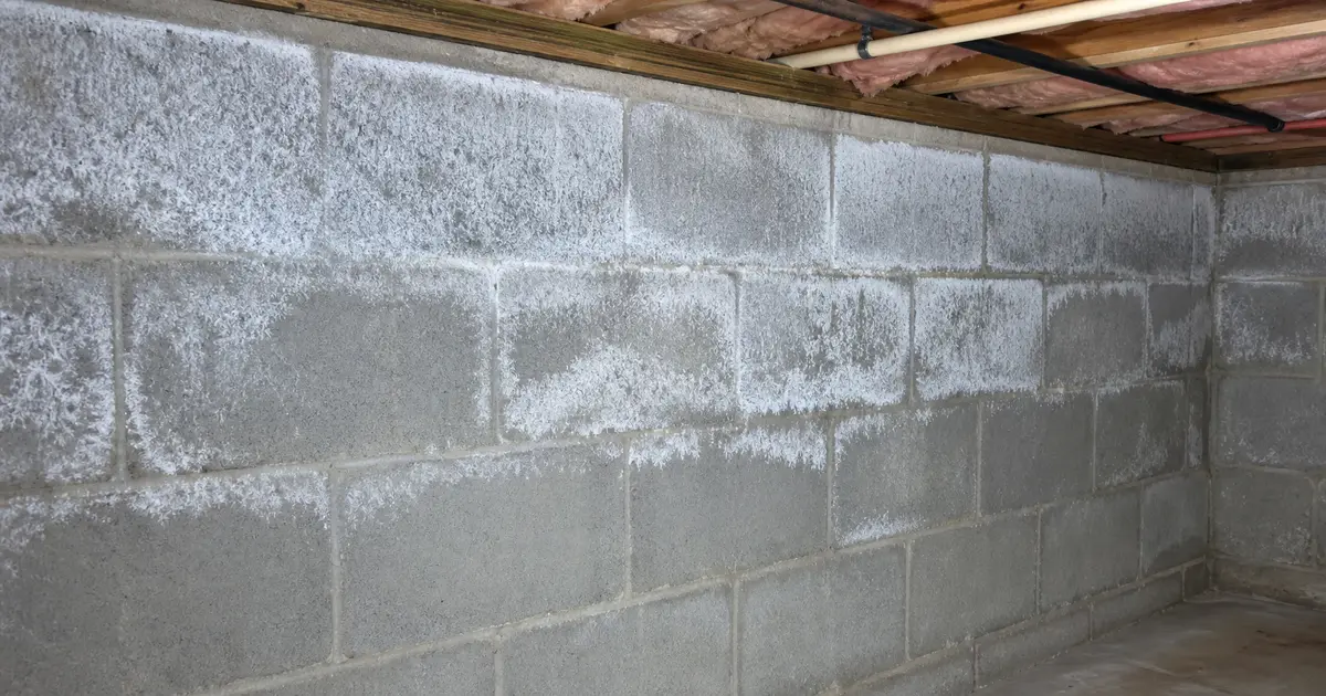 Basement foundation wall with broad white frost on cold concrete block