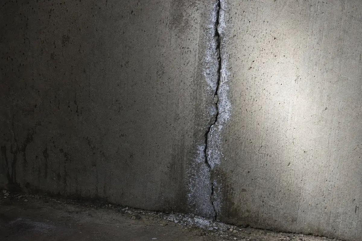 Frost following a narrow basement foundation wall crack