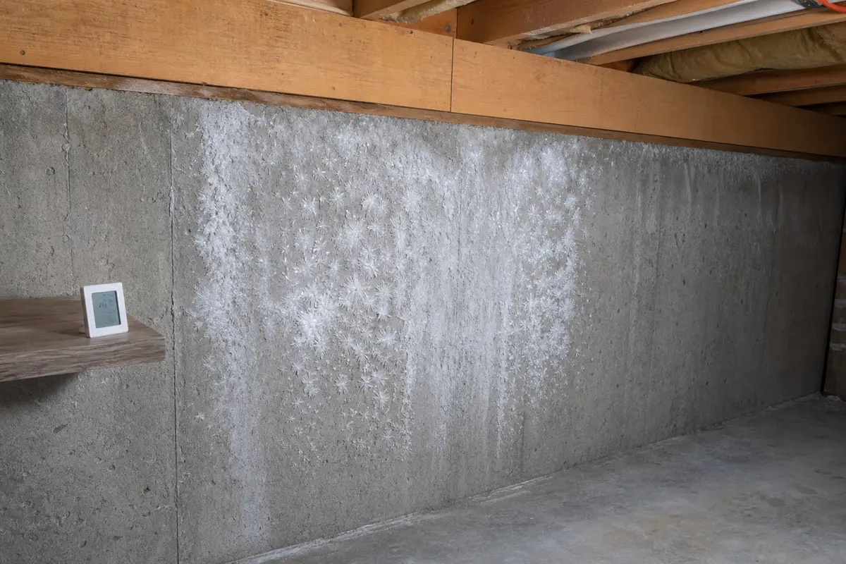 Broad frost patch on a cold basement foundation wall