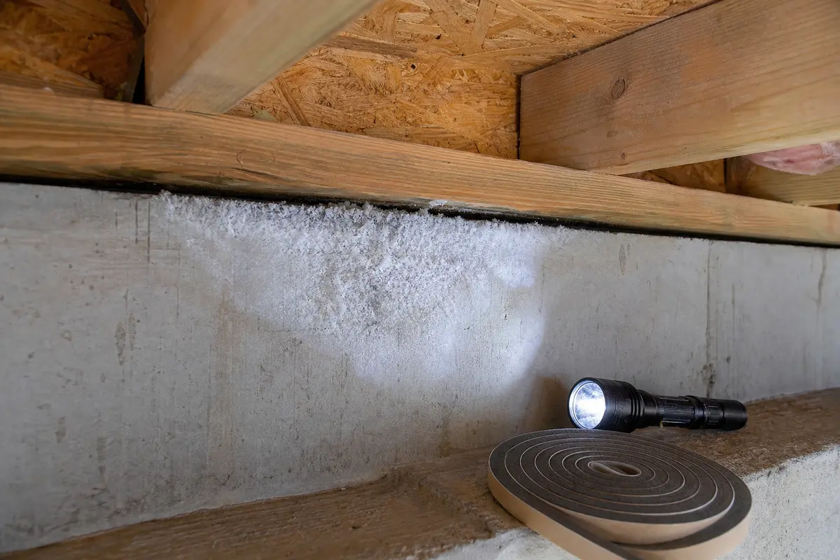 Small frost patch below an unsealed basement rim joist gap
