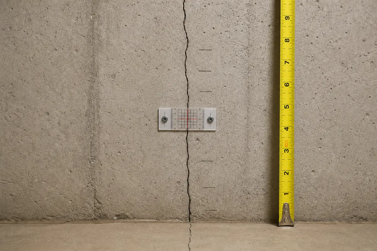 Basement hairline wall crack with a crack monitor gauge and measuring tape