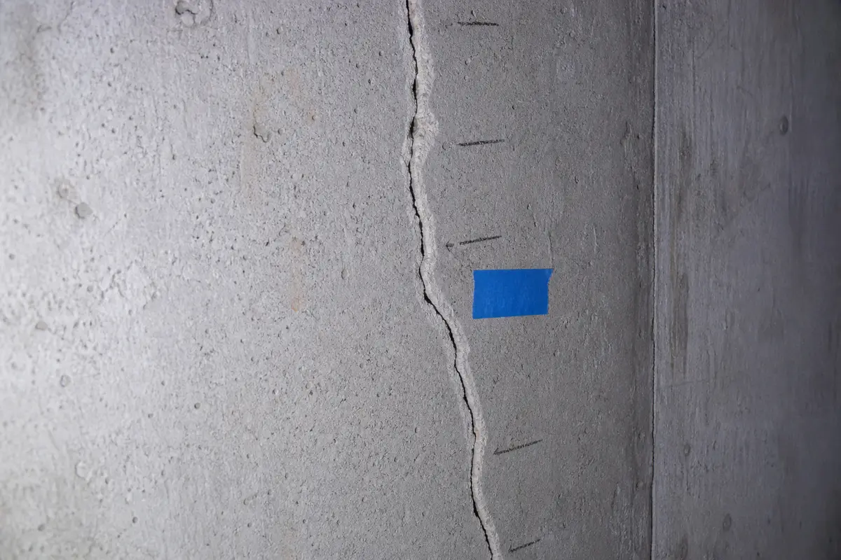Close-up of a basement hairline crack with fresh edges and painter tape marker