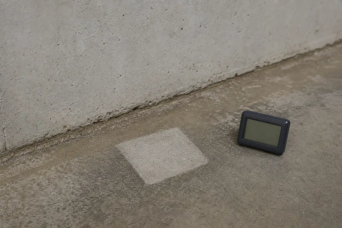 Dry test patch and hygrometer near a basement slab-wall joint
