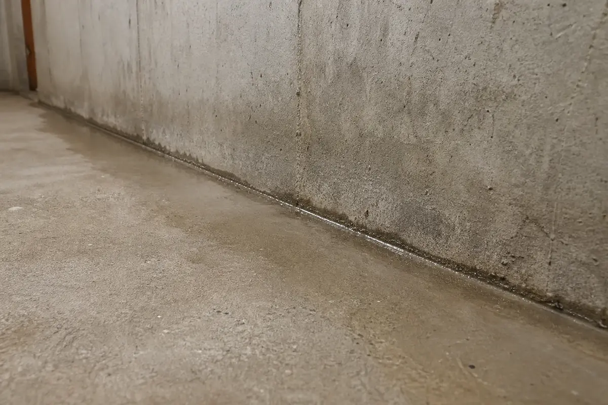 Wet line at the basement wall-floor cove joint