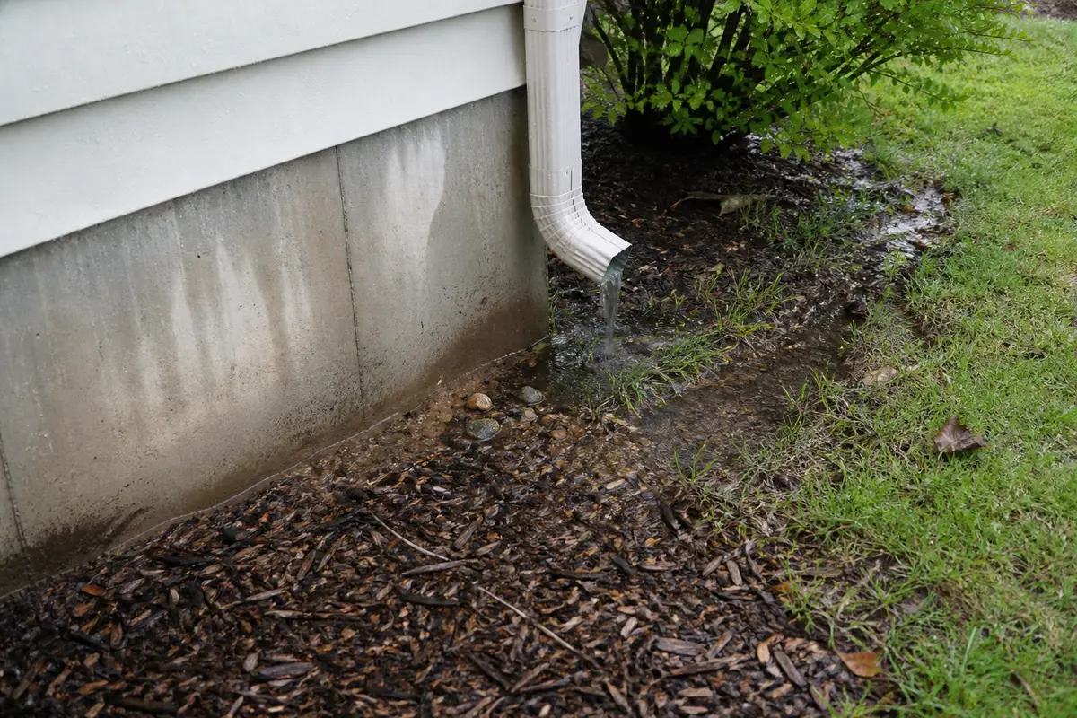 Downspout and low wet grade beside a foundation