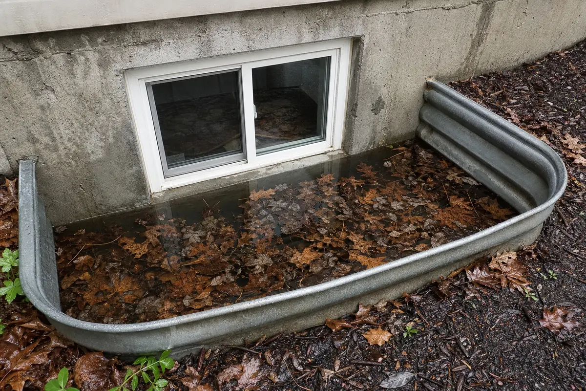 Wet basement window well with leaves and pooled rainwater