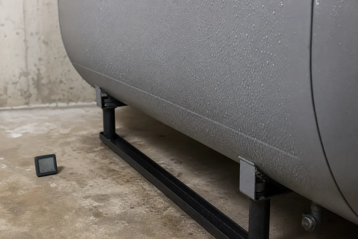 Condensation droplets on a basement heating oil tank with a hygrometer nearby