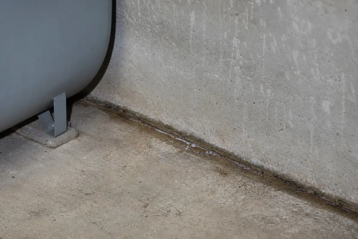 Wall-floor seepage behind a basement oil tank area
