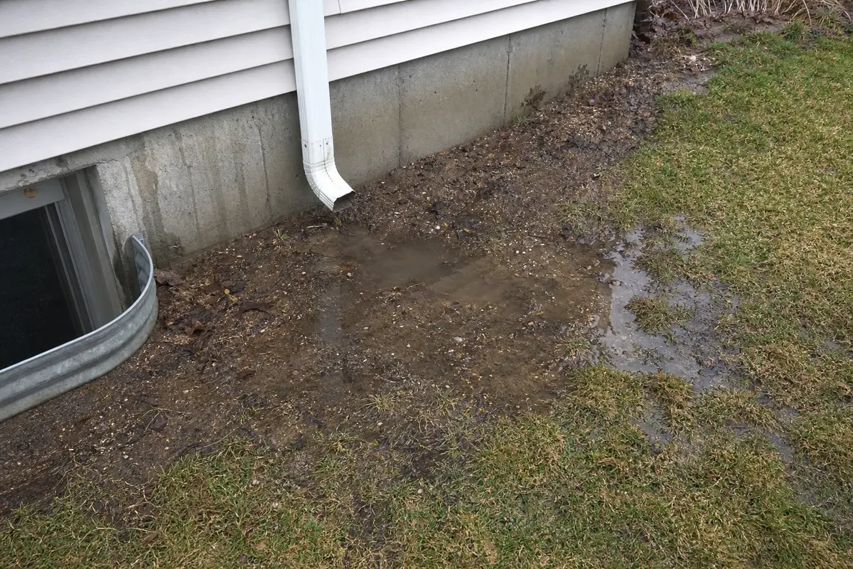 Saturated spring soil and downspout runoff beside a foundation